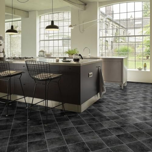 Black Tile Effect Anti-Slip Vinyl Flooring For LivingRoom, Hallways, Kitchen, 2.0mm Thick Cushion Backed Vinyl Sheet, Waterproof Lino Flooring-1m(3'3) X 3m(9'9)-3m²