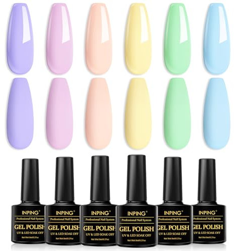 INPING Pastel Gel Nail Polish, 6 Colors Macaron Spring Summer Gel Polishes, Blue Green Purple Yellow Candy Nail Varnish Set Soak Off UV/LED Easter/Valentine's Day Beauty Set for Women