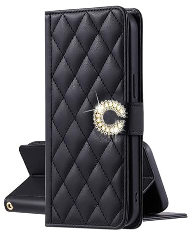 EuoDuo Kompatibel mit Samsung Galaxy A55 5G Hülle zum Klappen PU Leder Handyhülle Glitzer Diamant Blumen Klapphülle Rautenmuster Schutzhülle Handytasche Mädchen Etui - Schwarz