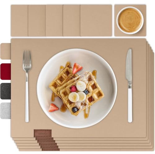 smøla 12-teiliges Premium Filz Tischset inkl. Untersetzer I Platzset Abwaschbar Beige I Platzset Abwischbar, Platzdeckchen Set mit Filzuntersetzer für Teller, Gläser I Tischdeko Frühling Sandbeige