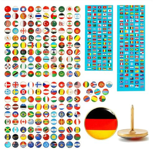 Reißzwecken mit Nationalflaggen, 200 Stück, Kreative Flaggen-Reißzwecken, Edelstahl-Länderflaggen-Reißzwecken mit Aufbewahrungsbox für Weltreisekarte, Pinnwand