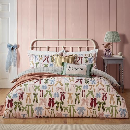 furn. Noortje Bows Trending Bettwäscheset – Seidenrosa – Einzelbett, Pink | Wendbare Bettwäsche mit Schleifenband im Pariser Chic aus pflegeleichtem Polycotton