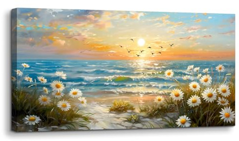 hyidecorart Landschaft Wandbilder Wohnzimmer Blumen Meer Gemälde 50x100 cm | Natürliche Landschaften, HD-Druck, Einfach Aufzuhängen, Einfache Montage, Leinwandgewebe, Entspannte Wanddeko, Geschenk