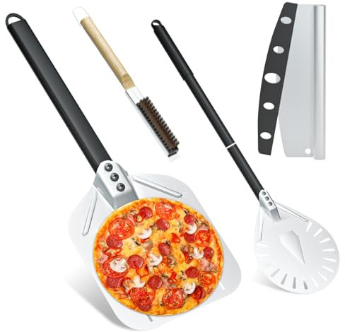 iklestar 4PCS Pizza Oven Accessories, 12 Inch Perforated Pizza Peel, Aluminum 9 Inch Pizza Turning Peel with Long Handle, Oven Stone Cleaning Brush Tool for Homemade and Outdoor Baking