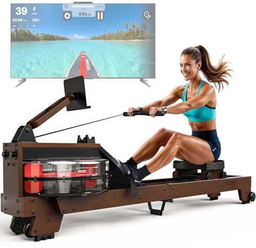 ORISYN Rudergerät für Zuhause Klappbar Rudergeräte Wasser mit Hochwertigen Holzdesign & Bluetooth, 175 KG Gewichtsbelastung, Geeignete Benutzergröße von 1.2 m bis 2 m