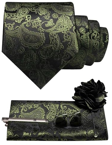JEMYGINS Paisley-slips för män med näsduk slipsklämma blombrosch och manschettknappar set, Olivgrön, M