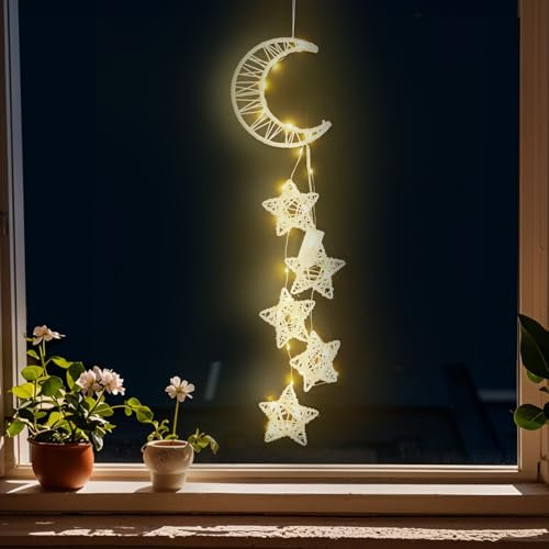 Ulikey Mond Sterne Lichterkette, Rattan Mond Sterne Lichterkette Deko Licht mit Batteriebetriebene, LED Lichterkette Innen Deko Fensterdeko für Ramadan Eid Weihnachten Partydekoration