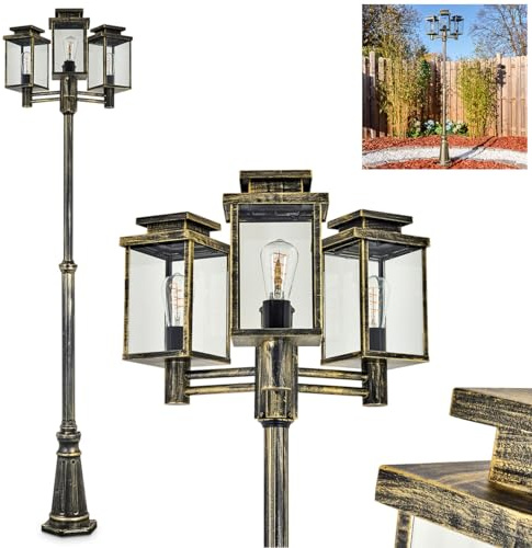 HOFSTEIN Kandelaber Tieva, Außenwegeleuchte aus Metall/Glas in Braun/Goldfarben/Klar, moderne Wegeleuchte im Vintage/Retro-Design für Garten, Außenbereich, Hof, Wegebeleuchtung 226 cm, 3 x E27, IP44