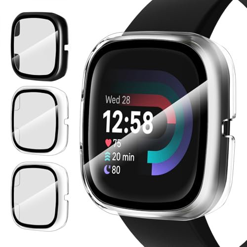 ivoler 3 Stück Hard PC Hülle mit Glas Displayschutz für Fitbit Versa 4/3 / Fitbit Sense 2 / Fitbit Sense, Vollständige Abdeckung Schutzhülle Dünne Kratzfest Schutz Case, 2 Transparent + 1 Schwarz