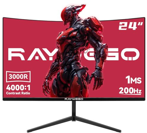 Raywego - 61 cm (24 Zoll) gebogener Gaming-Monitor, 1920 × 1080, 3000R bis zu 180 Hz, HDMI x1 DP×1, 99 % sRGB 1 ms, rahmenlose Maschine, schwarzes Display für Gaming, Home Office