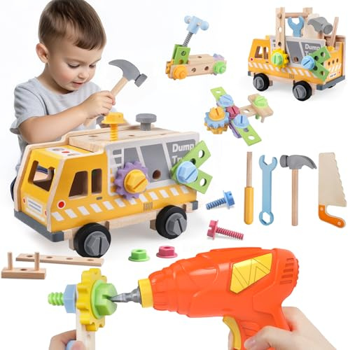 Aliex Kids Tool Set, 39 Pcs Wooden Truck with Toy Drill for Toddlers 3-5