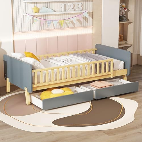 Zravenna Bodenbett Kinderbett 90x190 cm mit ausfallschutz, Holzbett Bettgestell mit Lattenrost und Schubladen, Kinder Bett für Jungen und Mädchen (Grau)