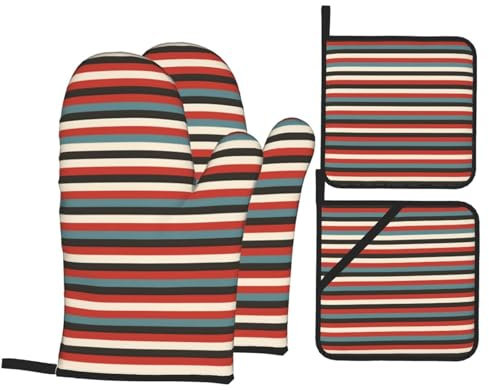 Set di quattro guanti da cucina resistenti al calore con stampa a righe alla moda e griglia per pentole