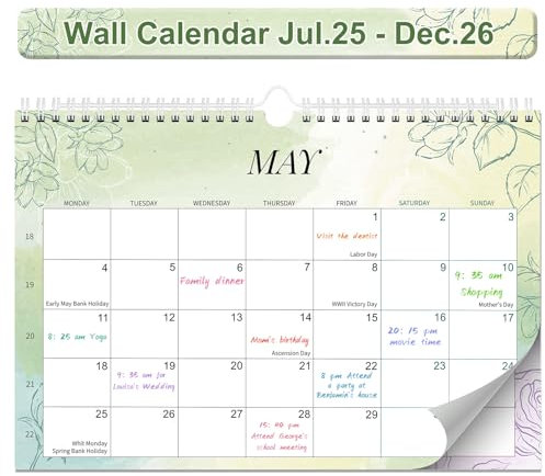 Wandkalender 2025-2026, 18 Monate Kalender Juli 2025-Dezember 2026, Großer Kalender 12.2'' x 8.3'', Monatskalender mit Spiralbindung, Haken, Monatsansicht für Feiertage, Arbeit & Terminplanung