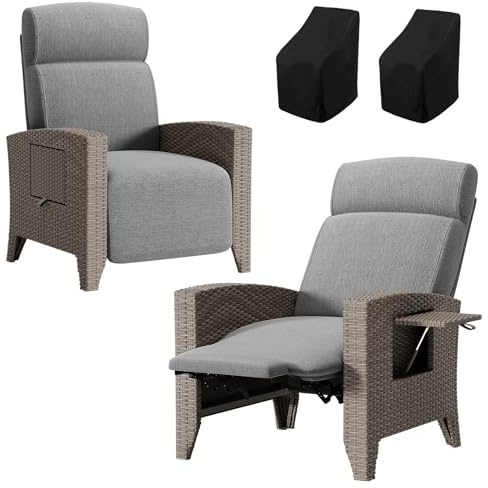 haiorjun Liegesessel Garten 2er Set, Ergonomische Rattan Relaxliege Garten mit Verstellbare Rückenlehne und Klappbare Tischplatte,Rattansessel Loungesessel Outdoor mit Dicke Sitzkissen und Abdeckung