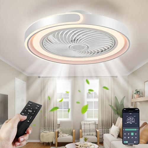 TYJY Modernité Rond Ventilateur Plafond Silencieux avec Lumiere,50cm Plafonnier Ventilateur 70W LED Dimmable avec Télécommande APP,Minuterie,6 Vitesses,pour Salon Chambre Salle à Manger(Blanc)