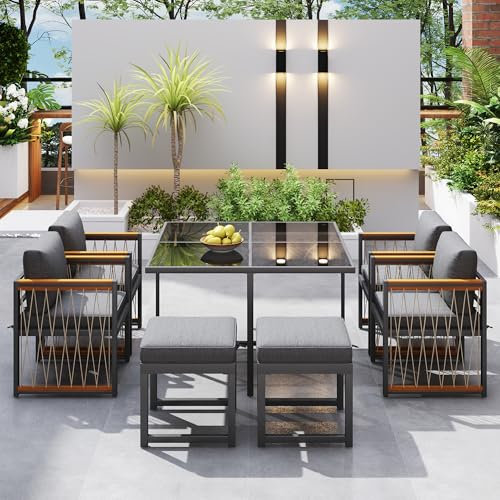 Moimhear Juego de mesa de comedor y silla de 7 piezas para 6 personas, mesa de cristal templado, pasamanos de madera de acacia, adecuado para patio de jardín