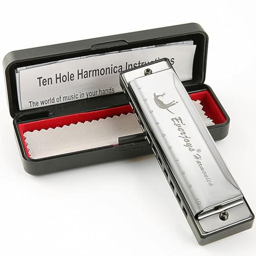 Harmonica 10 Hole - Blues Harp Diatonic Harmonica w/Case, Polishing Cloth, Instructions for Adults, Beginners and Kids