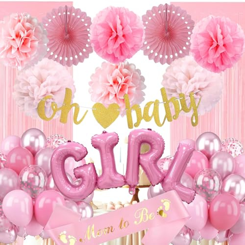 Babyparty Deko Mädchen, Rosa Baby Shower Deko, Baby Party Dekoration Girl mit Luftballons Rosa Gold, Babyparty Girlande,Boy Ballons für Babyshowerparty,Gender Reveal Party, Boy or Girl Deko