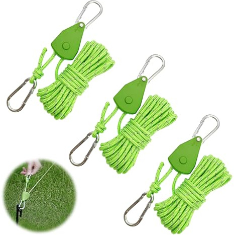 Reflective Tent Guy Ropes, 3Pcs 1/8 Inch 4mm Heavy Duty Rope Hanger, Cord Tent Guide Rope with Aluminum Adjuster for Outdoor Camping Hiking Awning Tents (Green)