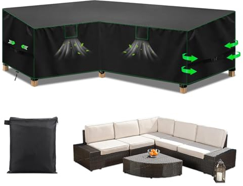 PATWING Housse de Salon, Housse de Meubles de Jardin en L, Bâche de Protection en Oxford 600D, au Vent, aux UV Protection pour Canapé d’Angle, Meubles de Salon Extérieurs (Noir, 215*215*85*80/65cm)