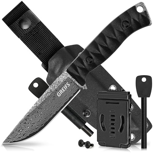 GREIFS® Outdoor-Messer aus D2 Stahl mit Kydex Holster und Feuerstahl, edles Survival Messer für die Bushcraft Ausrüstung, Jagdmesser, Schnitzmesser, Fahrtenmesser (Ranger/Damast)