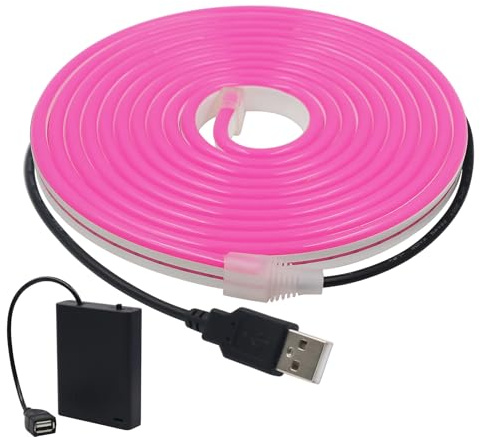 Wisada 5V Tira LED [3m, Rosa]，Alimentado por USB/Alimentado por Batería，Tira de neón LED recortable flexible impermeable IP65，Inicio/Tienda Decoración