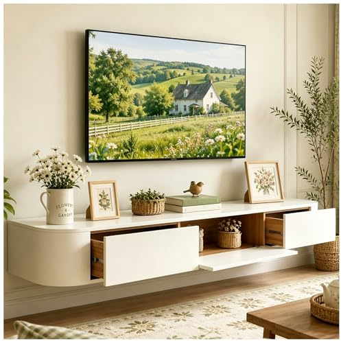 JUNFUNNLE Schwebende TV Schrank 160cm Weiß, TV Lowboard Hängend mit 2 Schubladen & 1 Klappen Türen, TV Board Hängend mit Kabelmanagement, Hänge Sideboard für Wohnzimmer und Esszimmer