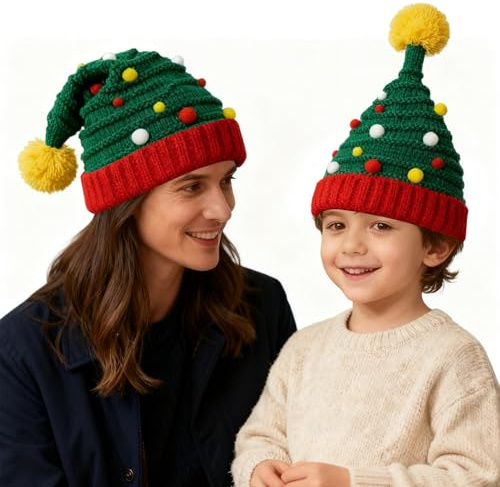 eupdd 2 Stück Weihnachtsmütze Grün Eltern: Kind Set, Warme Santa Nikolausmütze für Weihnachten, Weihnachtsfeier, Familienfest & Winter Outdoor