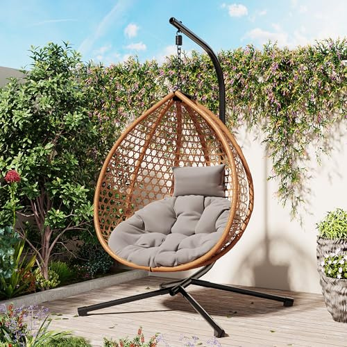 Merax Egg Hanging Chair with Stand, Indoor/Outdoor Swinging Wicker Hammock Chair for Patio, Garden, or Living Room