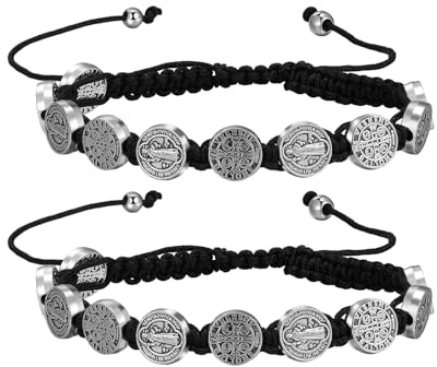 Flongo Sankt Benedikt Armband für Damen: 2 Stück Handgeflochtenes Armkette mit Original Italienischer Medaille - Verstellbare Größe für Frauen und Herren - Silberfarbene Legierung mit Wachsschnur