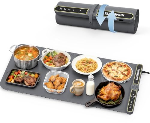 HomeElves Food Warming Mat Extra Large, Rapid Heating Electric Warming Tray with 9 Temp Setting and 6 Hours Timer,Foldable Warming Trays for Food, Portable Food Warmers for Parties Buffet, Gray