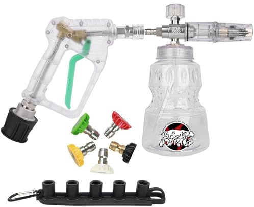 BEAR FORCE Kit de pistolet de nettoyage haute pression transparent pour voiture avec canon à mousse 1/4 Quick Plug 1L et 5 embouts et connecteur de tuyau pour Lavor, Vax, Elitech, pour lavage de