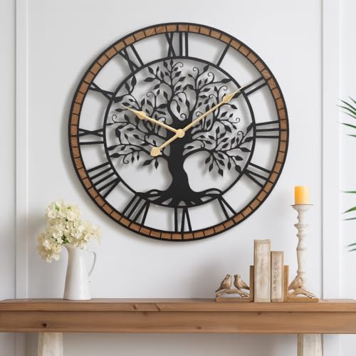 Orologio da parete grande con albero della vita, 60 cm, orologio da parete oversize in metallo e legno con movimento silenzioso al quarzo, orologio decorativo a batteria senza ticchettio per soggiorno