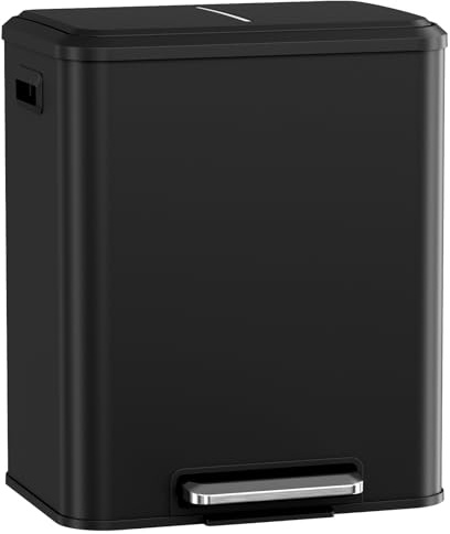 LIFERUN Cubo de basura con 2 compartimentos, sistema de separación de basura de 2 x 15 l, cubo de basura de cocina de metal, tapa de cierre suave, cubo interior extraíble con asas, doble compartimento