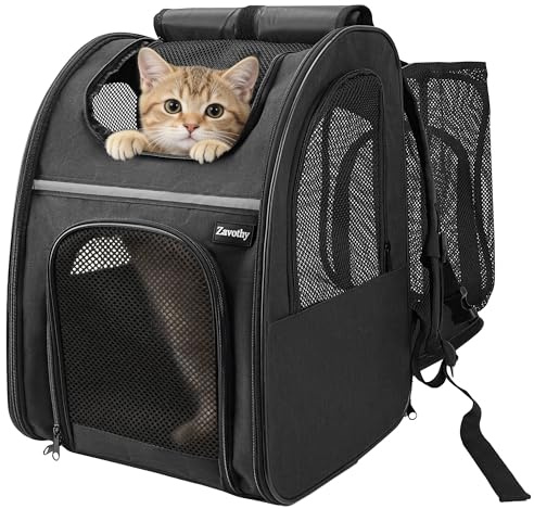 Zavothy Sac à Dos Transport pour Chat et Chien, Portable et Pliable, avec Fenêtre en Maille et Support Dorsal Rembourré, Respirant, Charge Maximale 8 kg (Extensible - Noir)