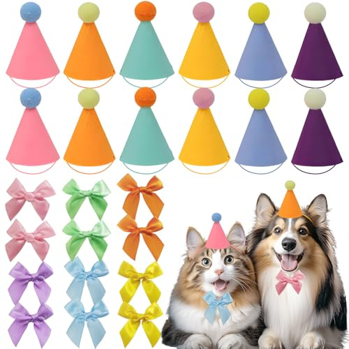 12 Mini Partyhüte für Kuscheltiere Kleine Partyhüte Kuscheltiere | mit 12 Bunten Schleifen und Elastischen Kordeln Niedliche Partyhut Filz Geburtstagshut für Hunde Katzen Kaninchen und Puppen