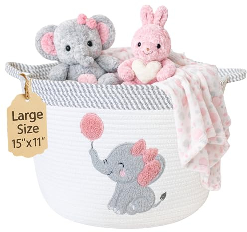 Elephant Baby Storage Basket for Girls, Cotton Rope Nursery Bin, 15x11 in | Stuffed Animal and Blanket Storage, Soft Felt Elephant Patch, Pink Baby Room Decor, Shower Gift, Kids Playroom Organizer