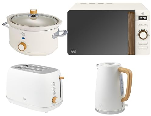 Swan Fjord White Jug Kettle and 2 Slice Toaster plus Nordic 800W 20L Microwave and 3.5L Slow Cooker. Matching Scandinavian Inspired Design Kitchen Set. Part of the Swan Nordic Collection