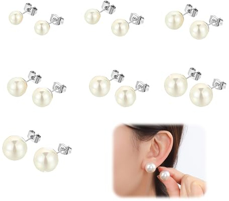JYXNU 7 Pares Pendientes de Botón para Mujer con Perlas de Agua Dulce, Pendientes de Perlas, Pendientes de Perlas Blanca, Clásicos Pendientes Plata Perlas artificiales Hipoalergénicas (4-10mm)