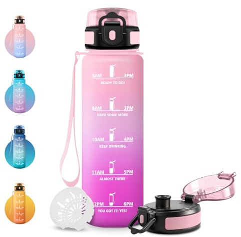 JAPORIA Borraccia 1 Litro, Motivazionale con Filtro, Borracce senza BPA, Borraccia Palestra, a Prova di Perdite, Bottiglia Acqua Adulto, per Sportiva, Bici, Viaggio, Gym, Ciclismo