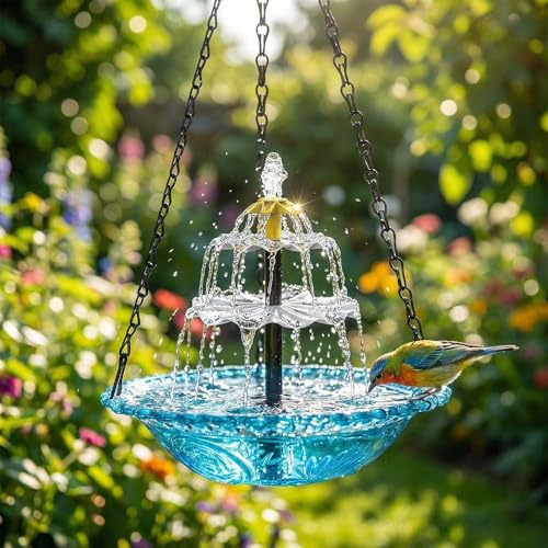 Solar Cascade Hanging Bird Bath Fountain, Outdoor Solar Powered Bird Bath and Feeder with Water Pump for Wild Birds & Hummingbirds, Decorative Hanging Water Feature for Garden, Patio