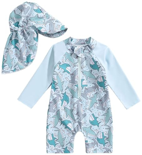 Costume da Bagno per Neonato, Anti-UV, Tuta da Nuoto a Maniche Lunghe e Cappello Bagno Set UPF 5+ Protettivo in Neoprene Solare Muta Surf Swimsuit Spiaggia Mare (41-White, -6 Months)