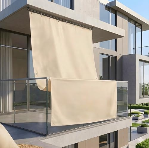 Tenda Da Sole a Caduta Verticale Per Esterno Balcone Con Anelli Impermeabile Ombreggiante Anti Uv Tinta Unita 150x300 200x300 300x300 (Beige, 145x290 cm)