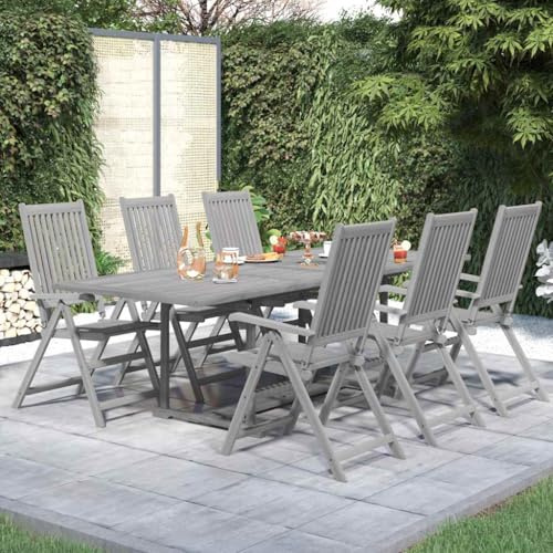 mzdioop 7-TLG Garten-Essgruppe Massivholz Akazie Grau mit Ausziehtisch 160-240x100x75 cm, 6 Klappstühle verstellbar, wetterfest für Terrasse Balkon Wintergarten, platzsparend und langlebig