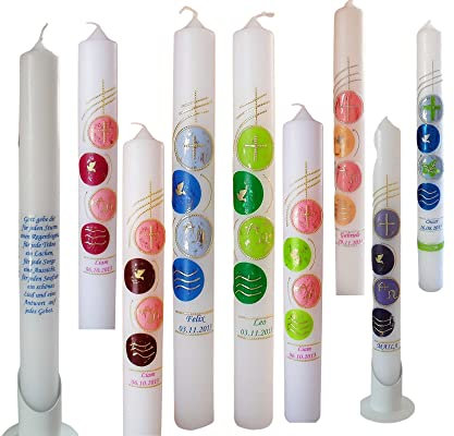 Taufkerze/Kommunionkerze,Konfirmationskerze, Patenkerze mit Symbolen-Farbig inkl. Name,Datum**Junge Mädchen B076VW5GVT