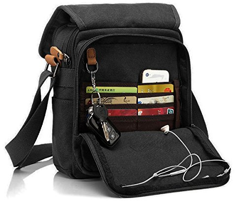 CHEREEKI Canvas Bag, Shoulder Bag Messenger Bag with Multiple Pockets (Hold 10 inch Tablet)