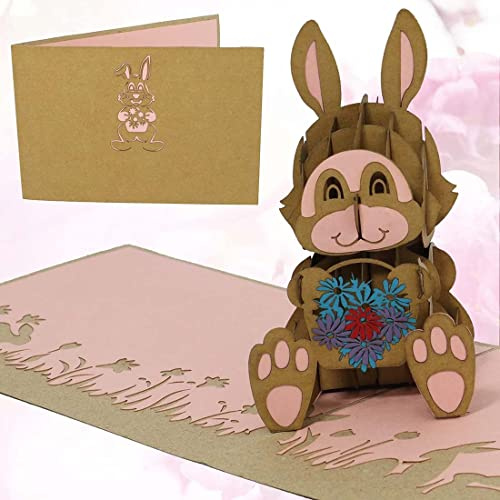 LINPOPUP® Pop-Up Karte - Hase - Geburtstagskarte - Ostern - Blumenkorb, 3D - Grußkarte Geburtstag, Klappkarte Viel Glück - Gute Besserung, N345