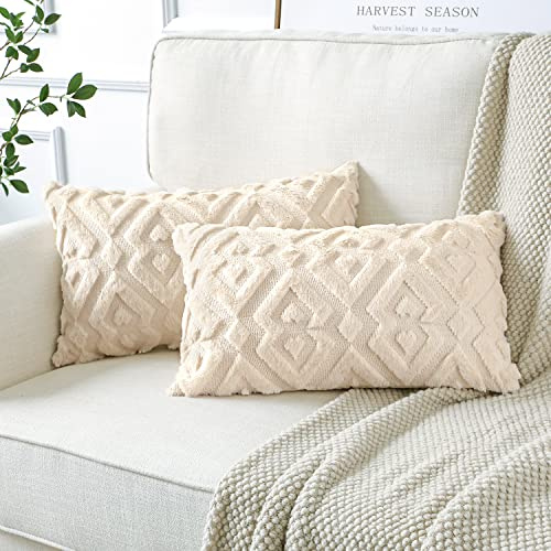 Artscope Pack of 2 Soft Plush Short Wool Velvet Decorative Cushion Covers Luxury Style Throw Pillow Covers European Pillow Shell for Sofa Bedroom Diamond Shape Cream Beige, 30x50cm