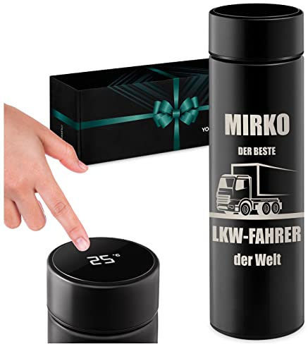 Maverton Thermobecher Kaffeebecher 450 ml - Isolierbecher personalisiert - 100% dicht - Led Temperatur Anzeige - aus Edelstahl - Geschenk für Männer - Weihnachtsgeschenke - schwarz - LKW-Fahrer